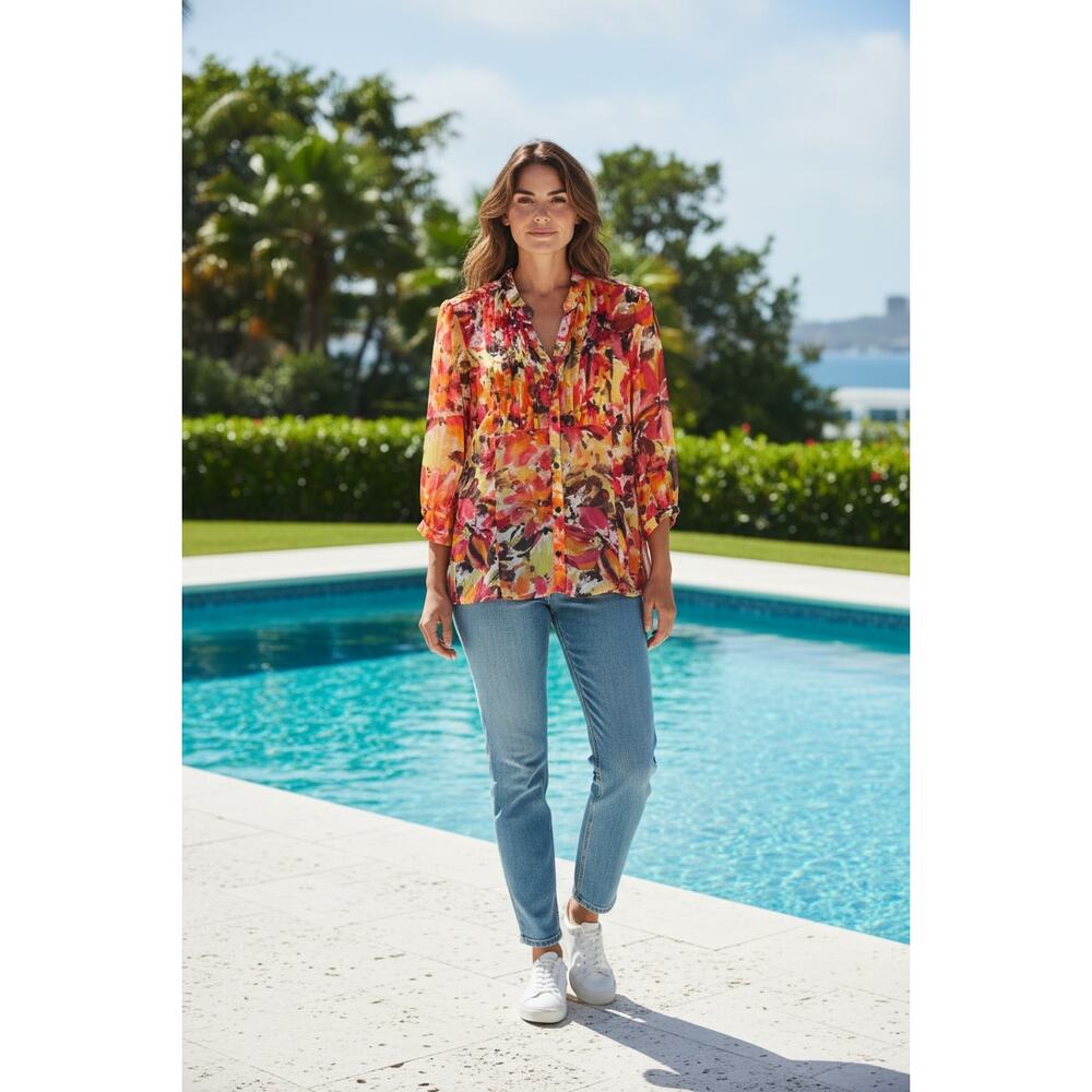 Christopher & Banks blouse women's L semi sheer watercolor floral button beach